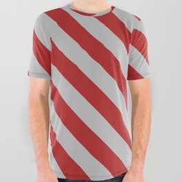 [ Thumbnail: Red and Grey Colored Pattern of Stripes All Over Graphic Tee ]