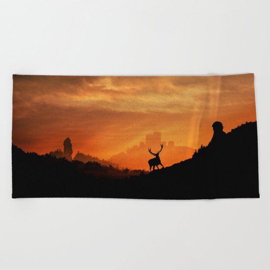 Deer in a mystical landscape Beach Towel