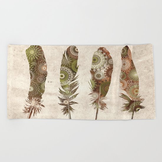 vintage mandala feathers Beach Towel