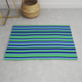 [ Thumbnail: Cornflower Blue, Lime Green, and Blue Colored Striped/Lined Pattern Rug ]