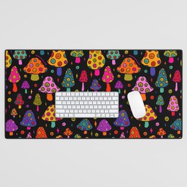 Smiley Mushrooms Print in Black Desk Mat