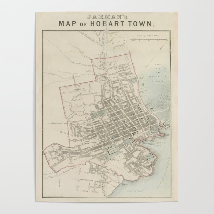 Vintage Hobart Tasmania Map (1858) Poster by BravuraMedia Society6