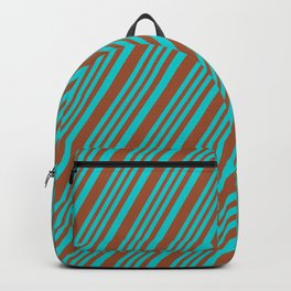 [ Thumbnail: Dark Turquoise and Sienna Colored Striped/Lined Pattern Backpack ]