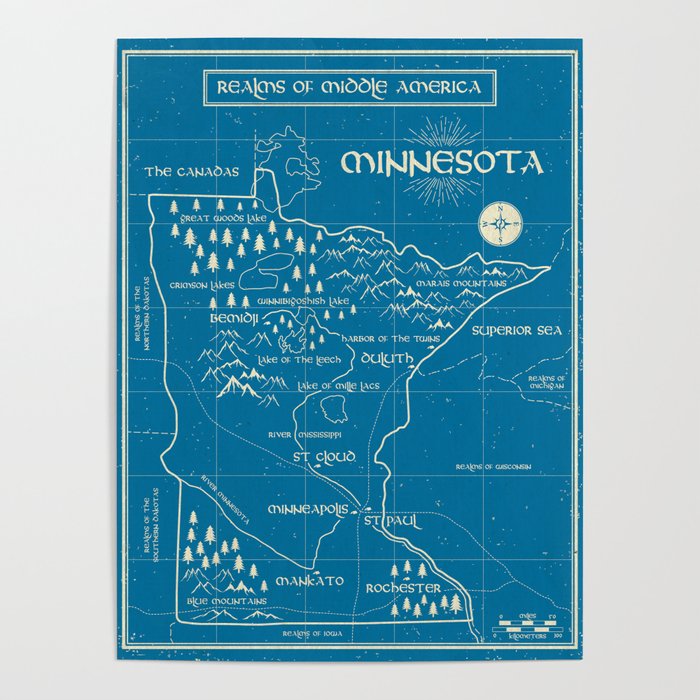 Fantasy Style Map of Minnesota - Blue Poster