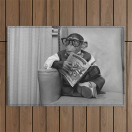 Dad on a Good Day - Chimpanzee Father reading the New York Times black and white photograph Outdoor Rug