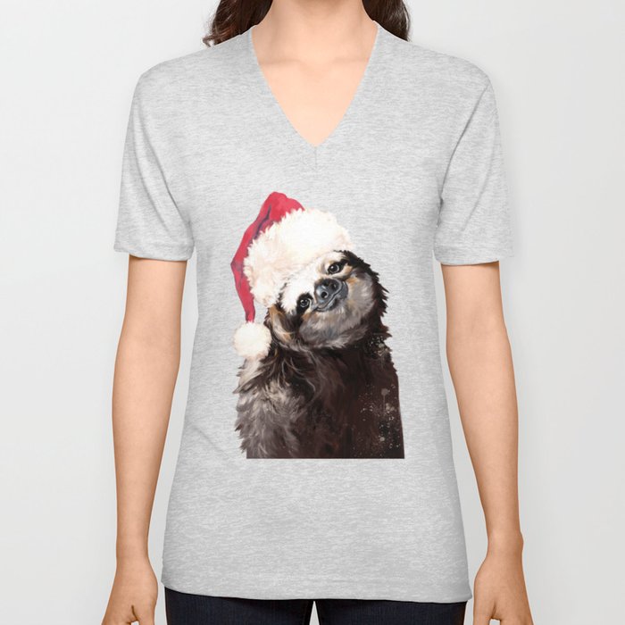 Christmas Sloth in Green V Neck T Shirt
