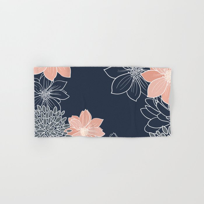 Festive, Floral Prints and Line Art, Navy Blue, Coral and Gray Hand & Bath Towel
