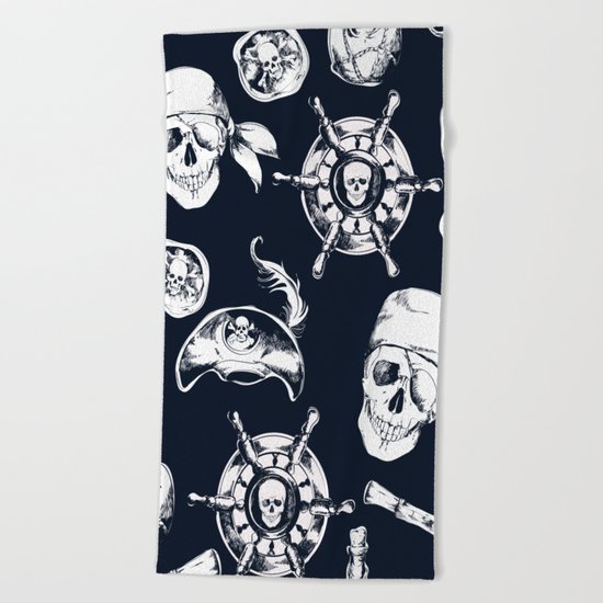 Navy Blue Pirate Pattern Beach Towel