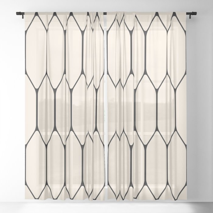 Long Honeycomb Geometric Minimalist Pattern in Almond Cream and Black Sheer Curtain