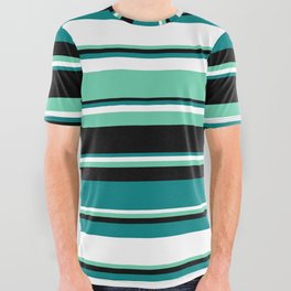 [ Thumbnail: Teal, White, Aquamarine & Black Colored Lined Pattern All Over Graphic Tee ]