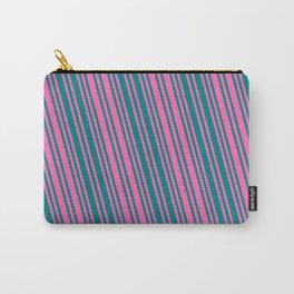 [ Thumbnail: Hot Pink and Teal Colored Pattern of Stripes Carry-All Pouch ]