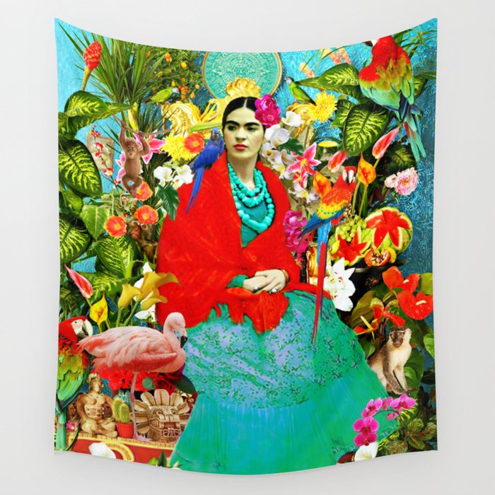 Frida Kahlo with Mexican Animals Birds Plants Wall Tapestry