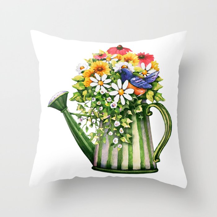 Flowers in Watering Can Watercolor Throw Pillow