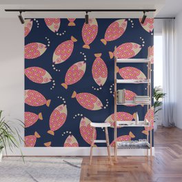 TOSSED SWIMMING FISH in PINK AND SAND ON DARK BLUE Wall Mural
