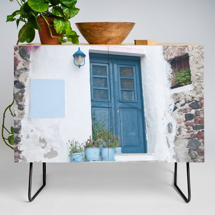 Santorini Oia Blue Door Dream #1 #minimal #wall #decor #art #society6 Credenza