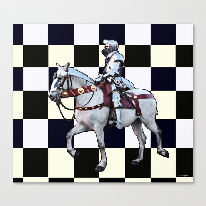 Knight on white horse with Chess board Canvas Print