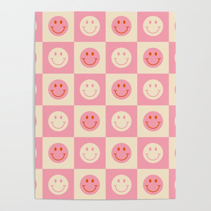 70s Retro Smiley Face Tile Pattern in Pink & Beige Poster