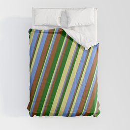 [ Thumbnail: Tan, Cornflower Blue, Brown, and Dark Green Colored Lines/Stripes Pattern Comforter ]