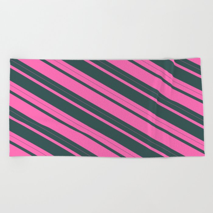 Hot Pink and Dark Slate Gray Colored Lined Pattern Beach Towel