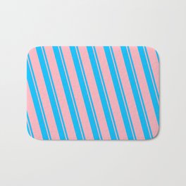 [ Thumbnail: Deep Sky Blue and Light Pink Colored Striped/Lined Pattern Bath Mat ]