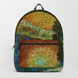 Road with Cypress and Star; Country Road in Provence by Night, oil-on-canvas post-impressionist landscape painting by Vincent van Gogh in alternate gold twilight sky Backpack