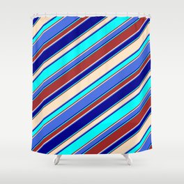[ Thumbnail: Eye-catching Brown, Bisque, Royal Blue, Dark Blue & Cyan Colored Lined/Striped Pattern Shower Curtain ]