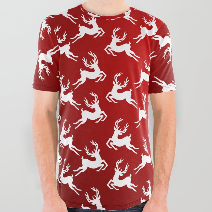 Christmas Pattern Red White Deer Retro All Over Graphic Tee