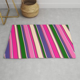 [ Thumbnail: Eye-catching Deep Pink, Dark Slate Blue, Bisque, Hot Pink, and Dark Green Colored Stripes Pattern Rug ]