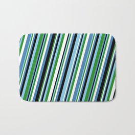 [ Thumbnail: Eye-catching Sky Blue, Forest Green, White, Blue & Black Colored Lined Pattern Bath Mat ]