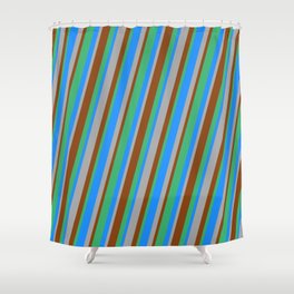 [ Thumbnail: Blue, Dark Grey, Brown & Sea Green Colored Pattern of Stripes Shower Curtain ]