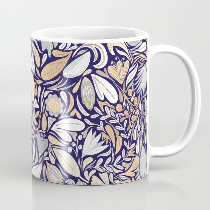 Gold Navy White Floral Leaf Illustration Pattern Coffee Mug