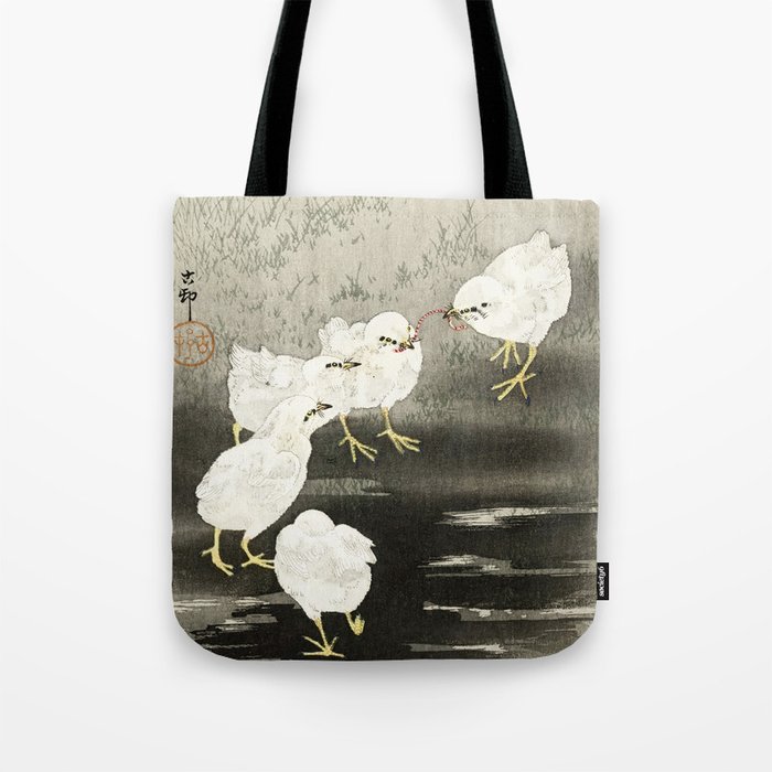 Chicken fighting for worm - Vintage Japanese Woodblock Print Art  Tote Bag
