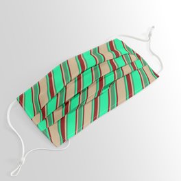 [ Thumbnail: Green, Maroon, Tan & Sea Green Colored Lined/Striped Pattern Face Mask ]