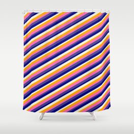 [ Thumbnail: Eye-catching Orange, Hot Pink, Dark Slate Blue, Blue & Beige Colored Lined/Striped Pattern Shower Curtain ]