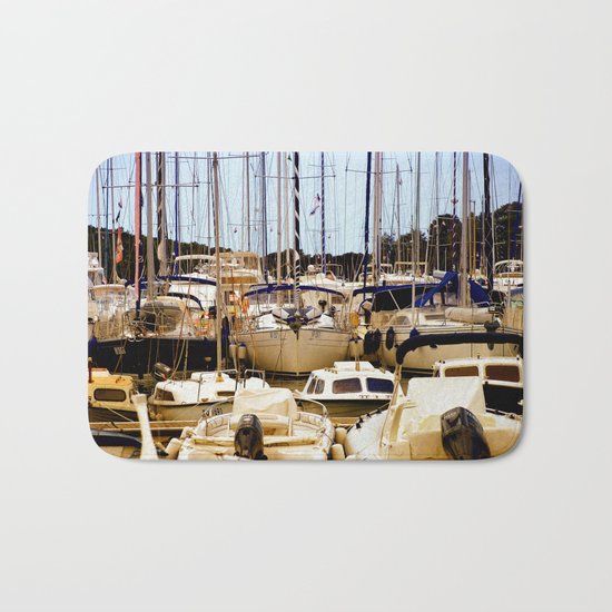 Boats in harbor Bath Mat