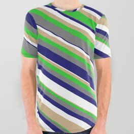 [ Thumbnail: Eyecatching Tan, Lime Green, Grey, Midnight Blue & White Colored Lines Pattern All Over Graphic Tee ]