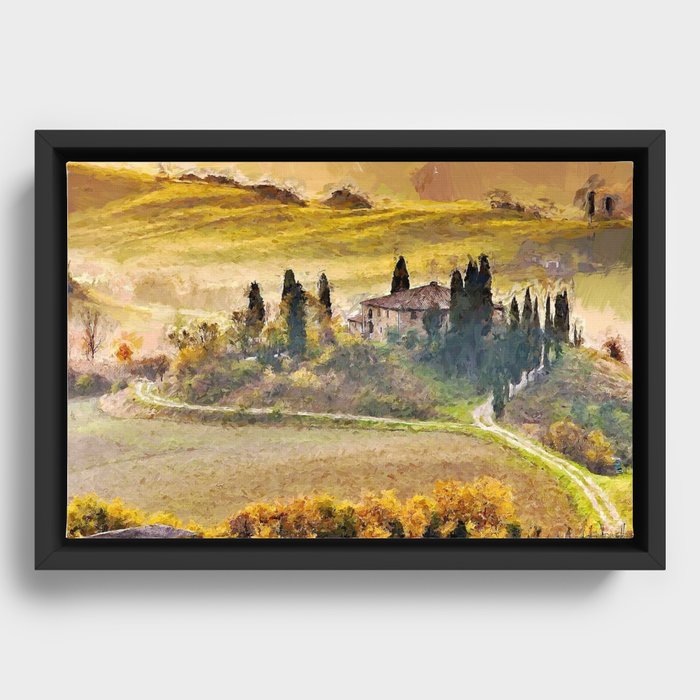 Italian Villa, Rolling Hills and Vineyards of Tuscany, Italy landscape  painting Framed Canvas by Atlantic Coast Arts and Paintings