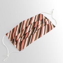 [ Thumbnail: Red, Mint Cream, Brown, and Black Colored Striped/Lined Pattern Face Mask ]