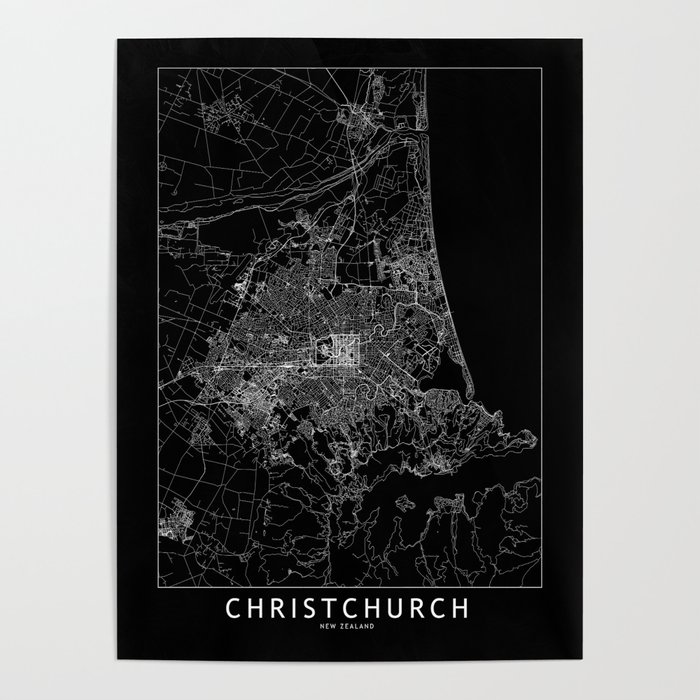 Christchurch Black Map Poster