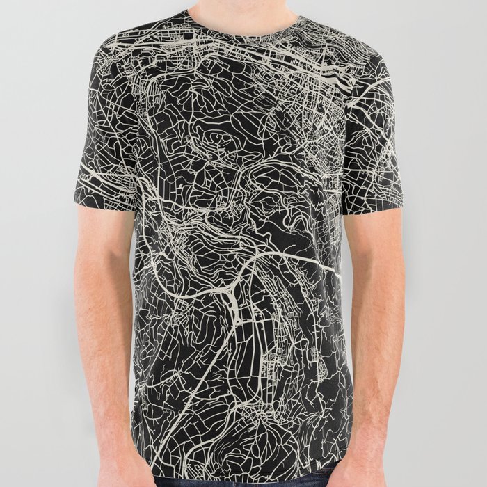 Zurich Switzerland - City Map - Black and White Aesthetic - map, gift, small, retro, city, cozy All Over Graphic Tee
