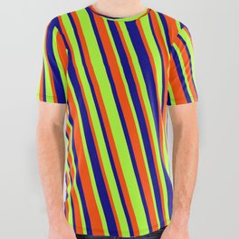 [ Thumbnail: Red, Blue & Light Green Colored Lines Pattern All Over Graphic Tee ]