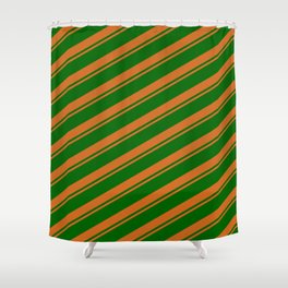 [ Thumbnail: Chocolate & Dark Green Colored Striped Pattern Shower Curtain ]