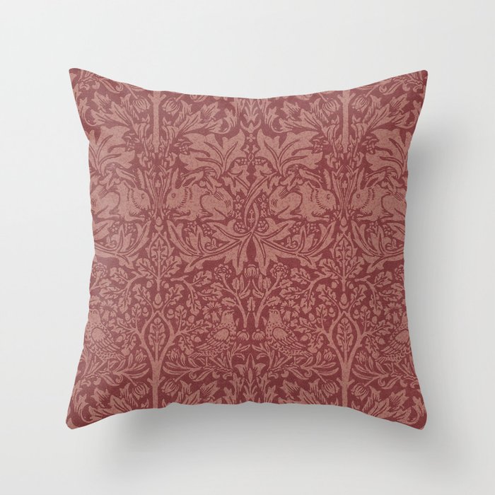 William Morris Brer Rabbit Brick Red Vintage Pattern Throw Pillow