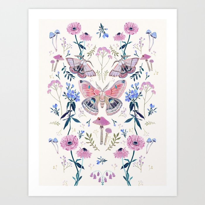 Lilac Butterfly and Flowers Art Print