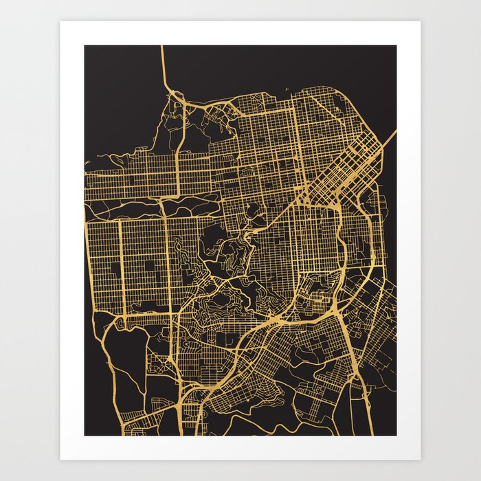 SAN FRANCISCO CALIFORNIA GOLD ON BLACK CITY MAP Art Print