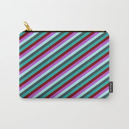 [ Thumbnail: Eyecatching Orchid, Turquoise, Dark Slate Gray, Light Sea Green & Maroon Colored Stripes Pattern Carry-All Pouch ]