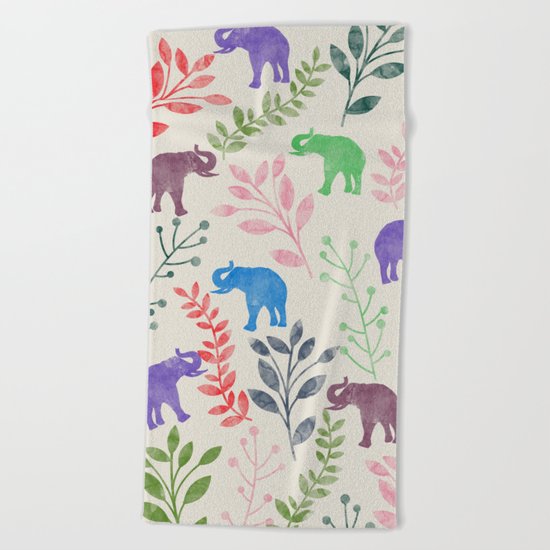 Watercolor Flowers & Elephants Beach Towel