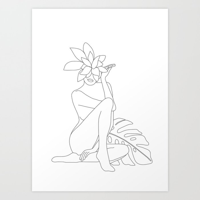 Minimal Line Art Woman with Tropical Leaves Art Print