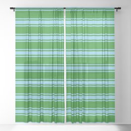 [ Thumbnail: Forest Green and Sky Blue Colored Lined/Striped Pattern Sheer Curtain ]