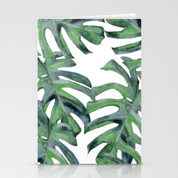 Tropical Palm Leaves Green on White Stationery Cards